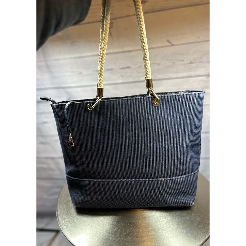 Michael Kors Large Dark Blue Canvas Beach Tote Bag Rope Handles - Picture 2 of 8